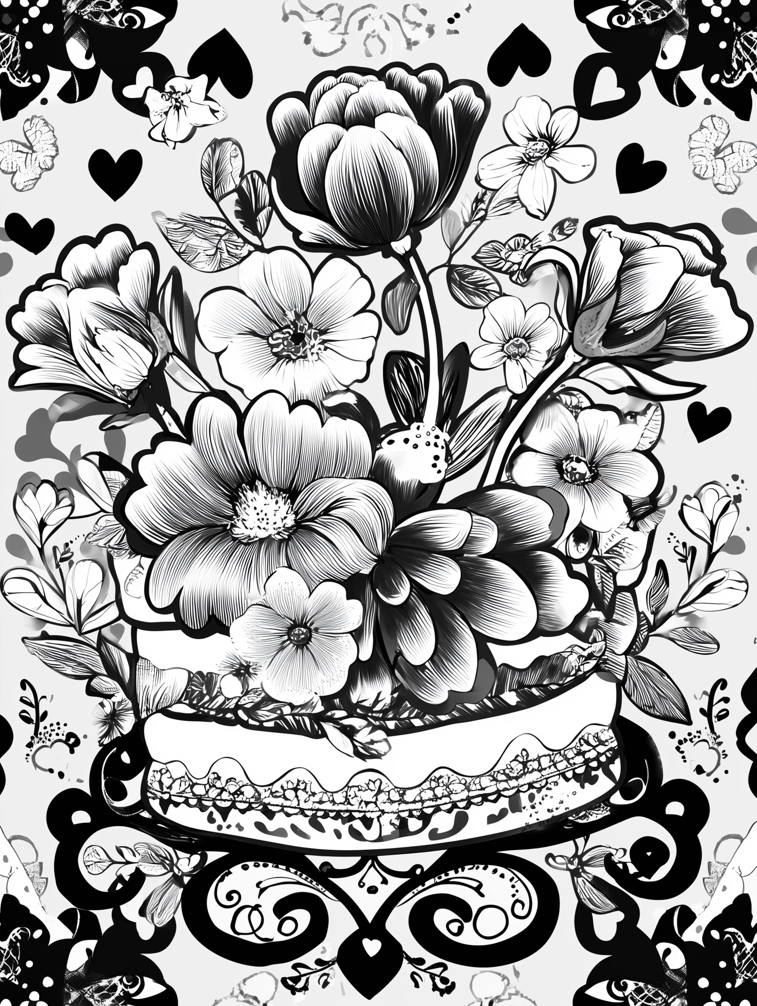 Free printable coloring page for adults featuring a floral stacked cake